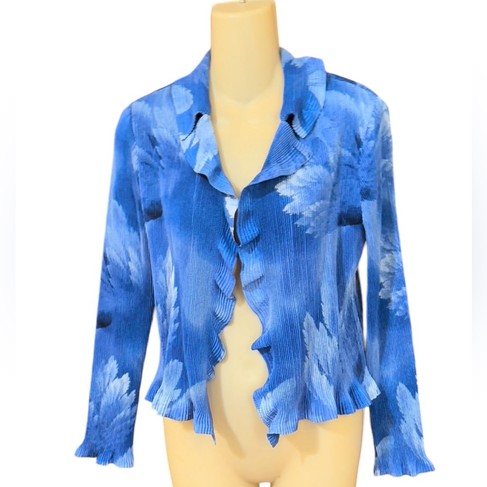Caeliann Ruffled Blue Print Open Front Jacket‎ - Picture 2 of 15